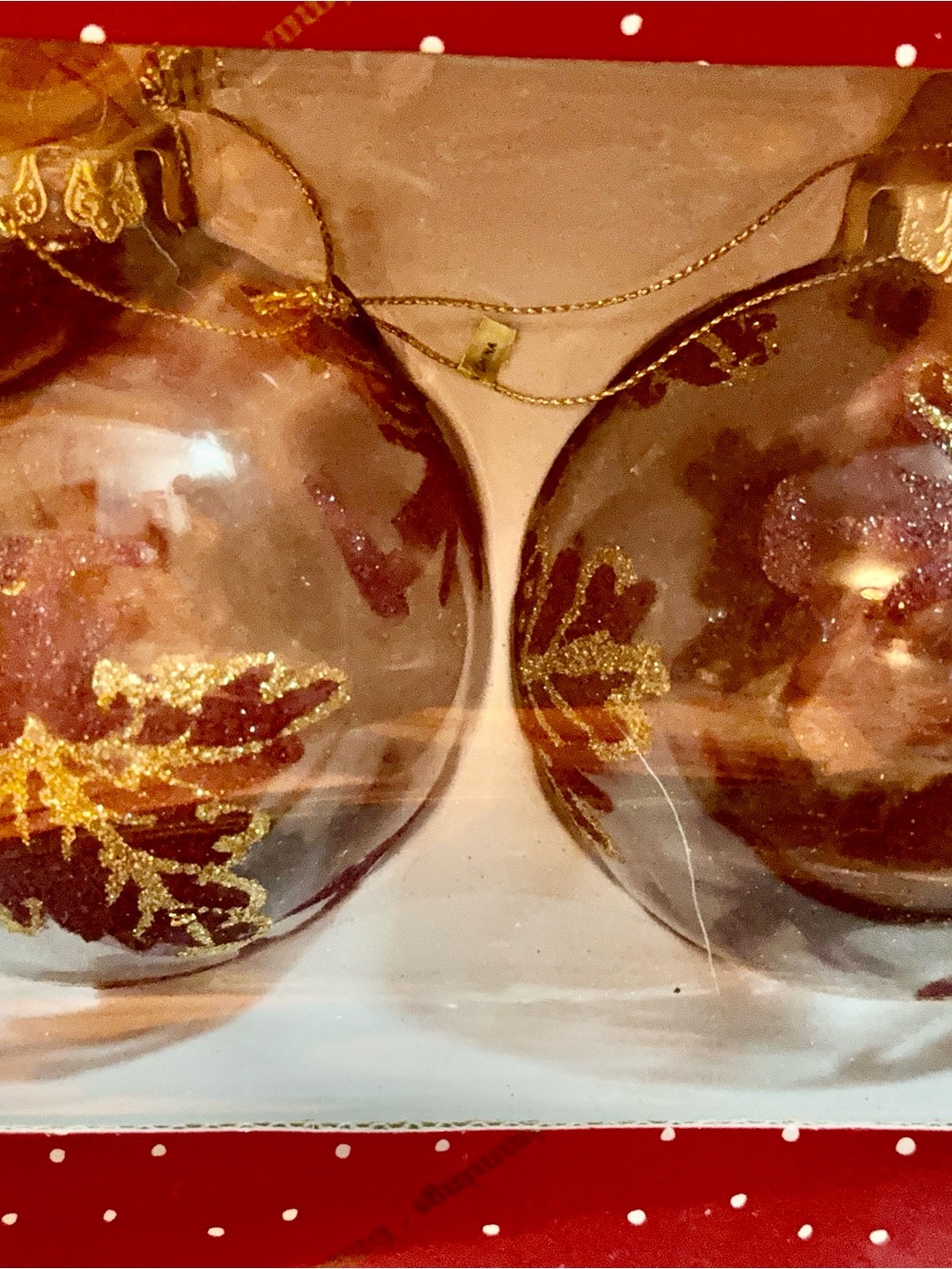 2 Vtg Dillard's 3½in Blown Glass Red Ball Christmas Ornament’s Gold Leaf Glitter